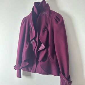 G.I.L.I Burgundy Lined Long Sleeve‎ Collared Button Ruffled Coat Women's Size 8